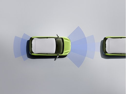 Top-down view of two lime-green cars on a gray surface, with blue radar sensor range arcs extending from the front of the left car.