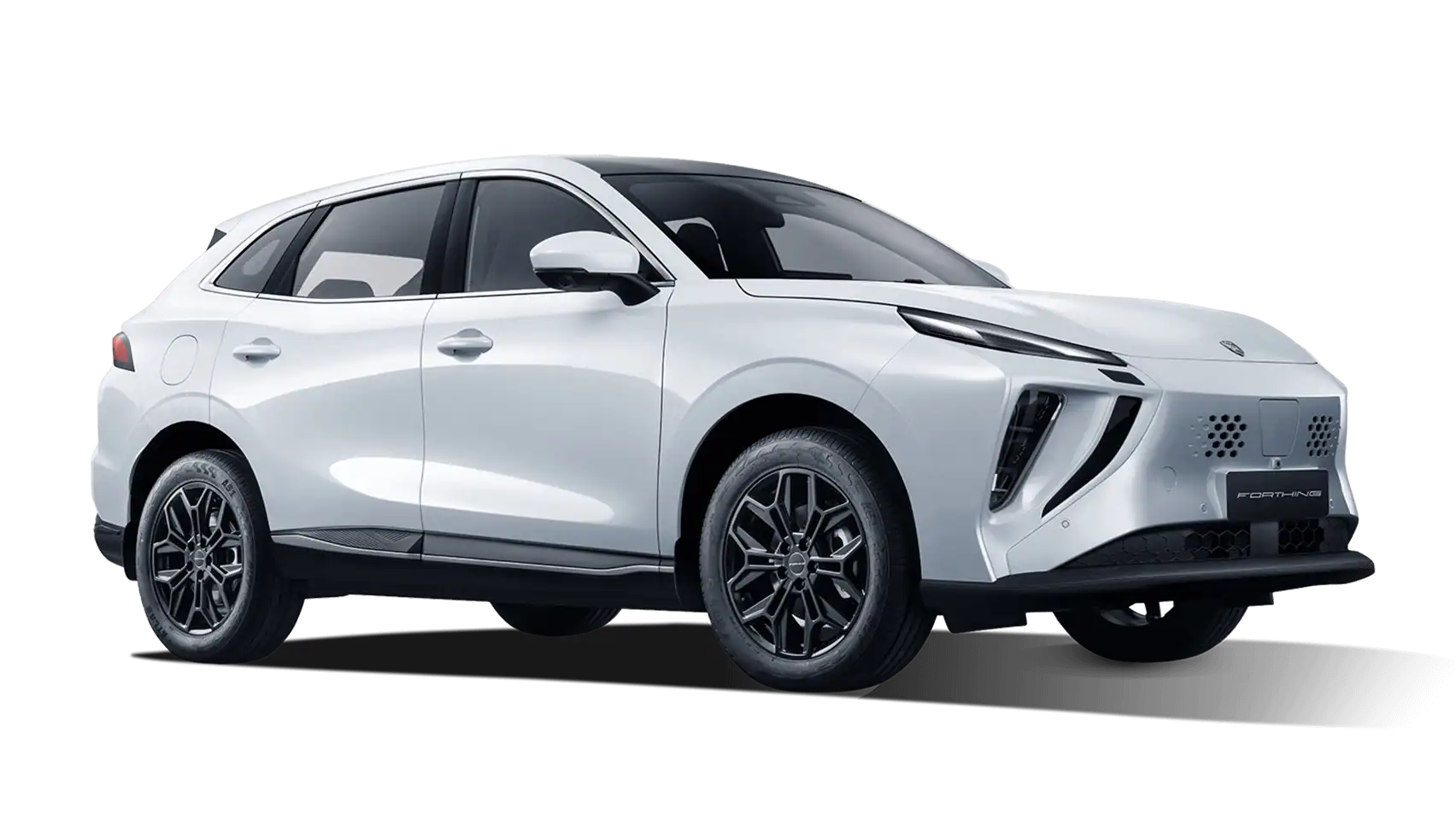 Front three-quarter view of a white luxury crossover SUV with prominent grille, sleek headlights, and large dark alloy wheels.