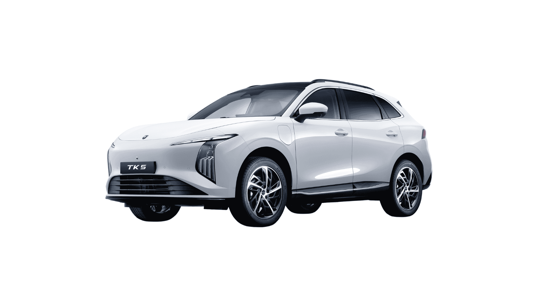 Front three-quarter view of a white crossover SUV with a dark roof and alloy wheels, TK5 on the front plate.