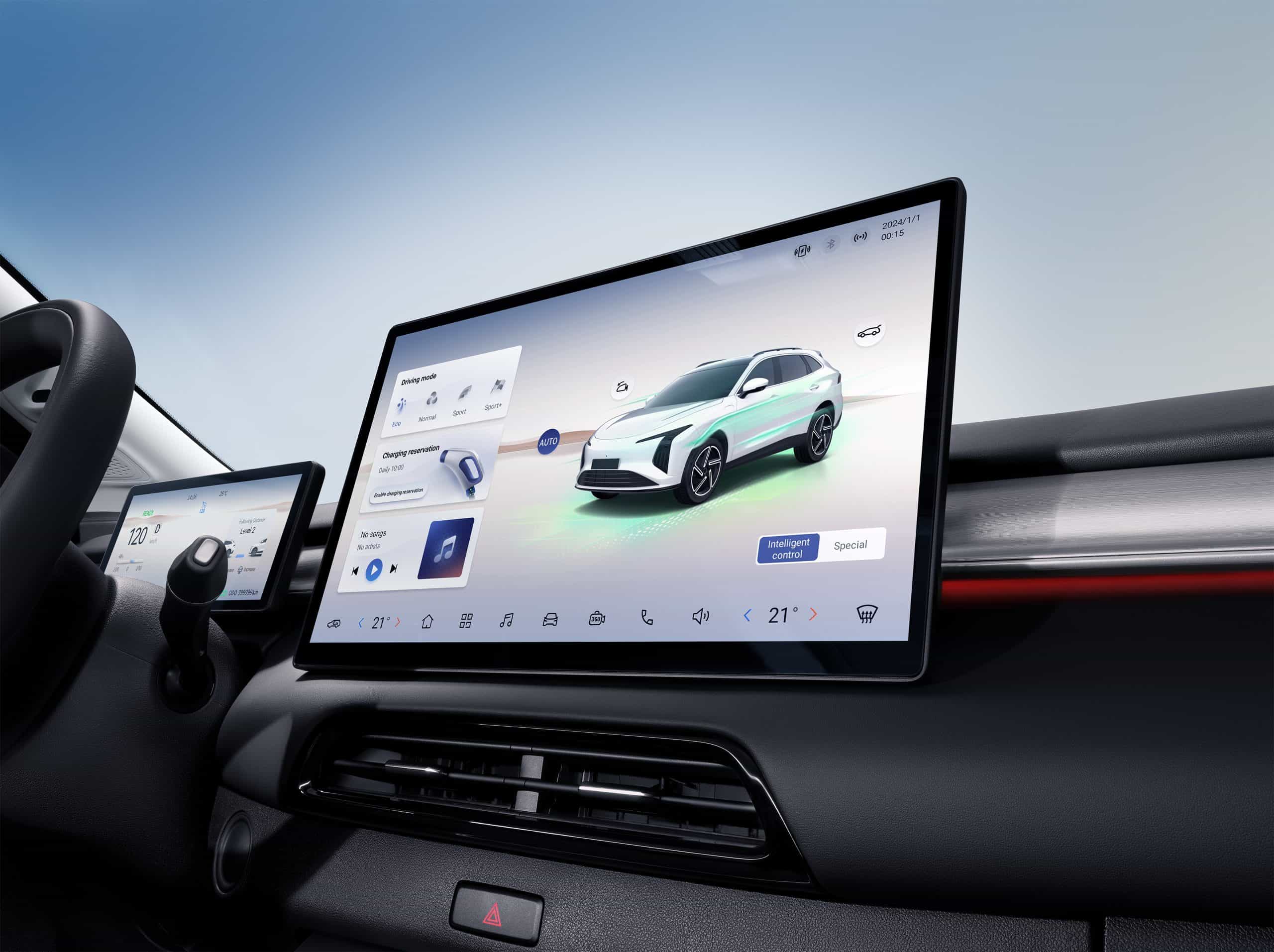 Car interior dashboard with a large touchscreen showing vehicle settings and a 3D car graphic.